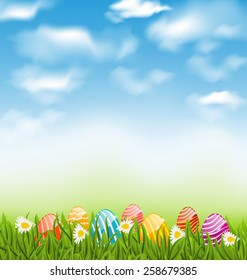 Illustration Easter natural landscape with traditional painted eggs in grass meadow, blue sky and clouds - vector