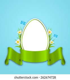 Illustration Easter paper egg with flowers daisy, grass, butterfly and ribbon, copy space for your text - vector