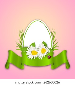 Illustration Easter paper egg with flowers daisy, grass, butterfly and ribbon - vector