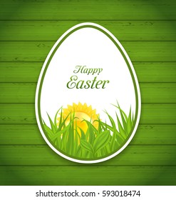 Illustration Easter Paper Sticker Egg on Green Wooden Background, Spring Grass with Sun - Vector