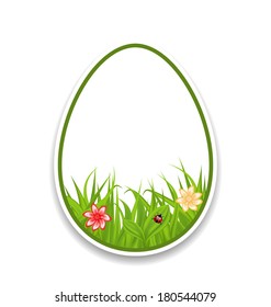 Illustration Easter paper sticker eggs with green grass and flowers - vector