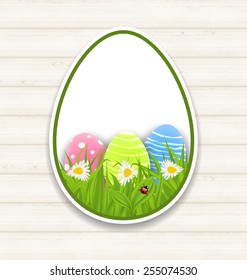 Illustration Easter paper sticker eggs with green grass and flowers - vector