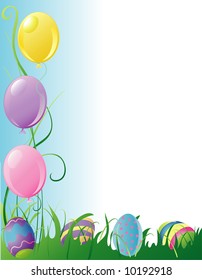 Illustration of easter party balloons and hidden eggs border