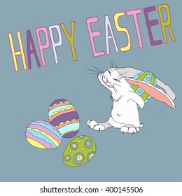 Illustration for Easter with a picture of a rabbit stealing easter egg.
