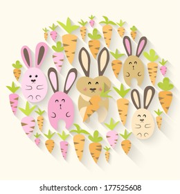 Illustration of Easter pink rabbits and carrots icon set