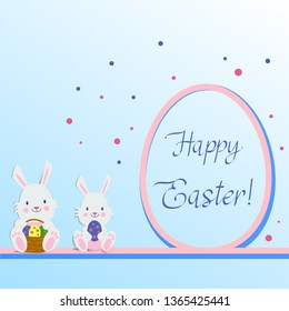 Illustration of an Easter postcard with rabbits and colored eggs. The illustration can be used for postcards, posters, banners, certificates.