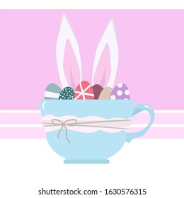 illustration for Easter - rabbit or bunny ears peeking out of a beautiful Cup, tied with lace, inside which are festive eggs and gifts.