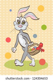 Illustration of easter rabbit caring a basket on vintage background