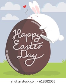 Illustration of Easter rabbit hugging chocolate egg.