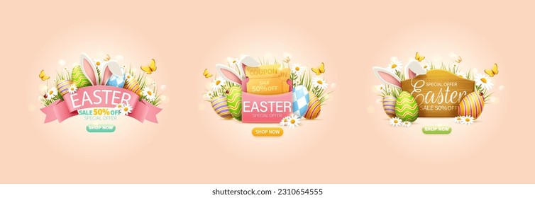 Illustration of Easter sale pop up ads with click button isolated on peach orange background. Each decorated with Easter eggs, bunny ears, flowers and butterflies.