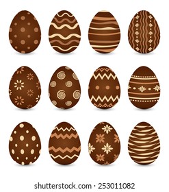 Illustration Easter set chocolate ornate eggs with shadows isolated on white background - vector