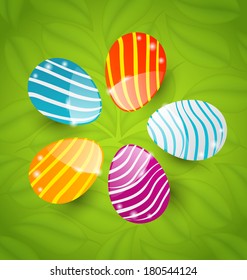 Illustration Easter set colorful ornamental eggs on green leaves background - vector