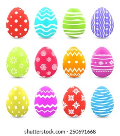 Illustration Easter set colorful ornate eggs with shadows isolated on white background - vector