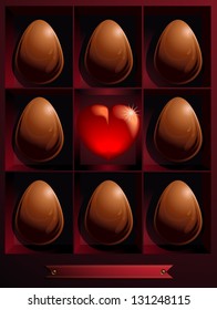 Illustration of Easter themed. A gift box with chocolate eggs and a heart in the center. Warm colors, red and brown.