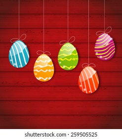 Illustration Easter three ornamental colorful eggs on wooden background - vector