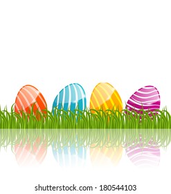 Illustration Easter traditional eggs in green grass with empty space for your text - vector