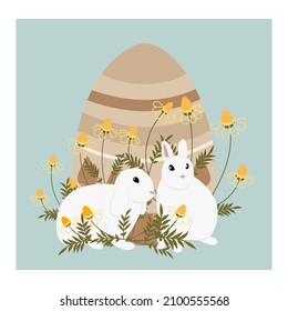 Illustration for Easter. Two white rabbits are sitting near a large white Easter egg in a thicket of daisies in line art style. Vector illustration