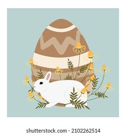 Illustration for Easter. White Rabbit are sitting near a large white Easter egg in a thicket of daisies in line art style. Vector illustration