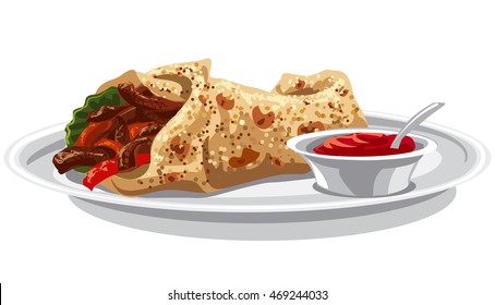 illustration of eastern food shawarma, pita with grilled meat and vegetables