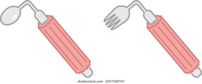 Illustration of an easy-to-grip spoon and fork self-help device for caregivers.
