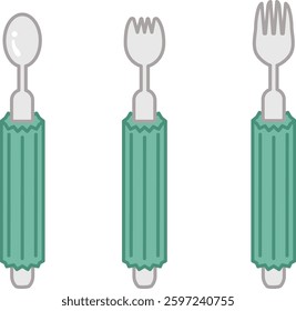 Illustration of an easy-to-grip spoon and fork self-help device for caregivers.