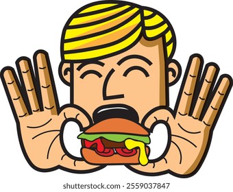 Illustration of eating a burger with melted sauce