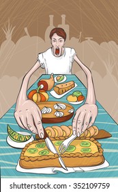 Illustration of eating man. There is a very long table with food. Religion out of meal