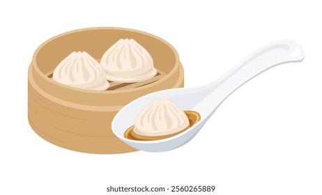 Illustration of eating xiaolongbao dumplings in a bamboo steamer with a spoon