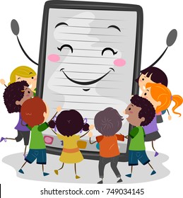 Illustration of an Ebook Mascot in a Tablet or Mobile Hugged by Stickman Kids