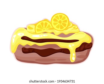 Illustration of eclair cake with cream and lemon slices filling on white. Vector image.