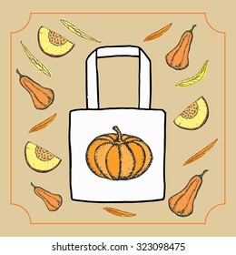Illustration of ECO BAG with hand drawn sketched pumpkin  part of pumpkin with leaves on background. Vector illustration. Mock-up with template for shopping bag