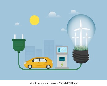 Illustration von Eco Bulb mit Windmühle, Stecker- und Stromtankstellen auf sonnblauem Hintergrund für das Konzept der erneuerbaren Energien.