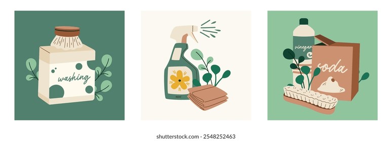 Illustration of eco cleaning supplies. Soap for washing up, wooden brush, spray and towels. Natural detergent baking soda and vinegar.