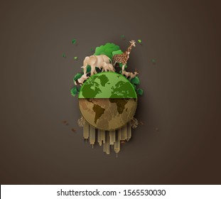 illustration of eco concept and  animal in forest , vector of paper art.