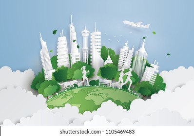 Illustration of eco concept,green cityon the skyf. Paper art and digital craft style.