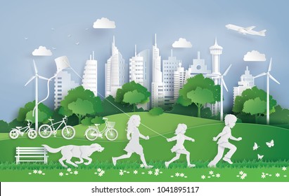 Illustration of eco  and environment with children running in the city park . Paper art and digital craft style.