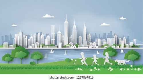 Illustration of eco  and environment with children running in the city park . Paper art and digital craft style.