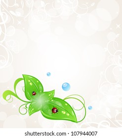 Illustration eco friendly background with green leaves and ladybugs - vector