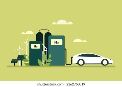 Illustration Of Eco Friendly Green Hydrogen Fuel Pump And Car