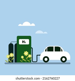 Illustration Of Eco Friendly Green Hydrogen Fuel Pump And Car