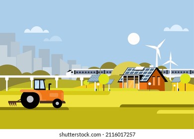 Illustration of an eco friendly modern house with farm using renewable sources of energy 