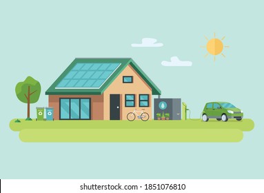 Illustration of eco friendly sustainable modern house. Vector