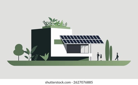 Illustration of eco friendly sustainable modern house in a flat vector style. Minimalistic house with solar panels
