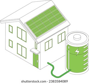 Illustration of an eco house and dry batteries that store energy