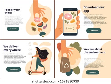 Illustration of eco online food delivery company landing page. Set of vector illustrations