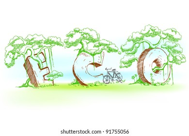ilustración de texto ecológico con árbol en forma de doodle