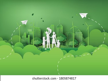 illustration of eco and world environment day with happy family.paper art style.