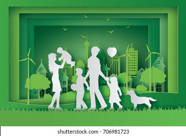 Illustration Of Eco And World Environment Day With Happy Family.paper Art And  Digital Craft Style.