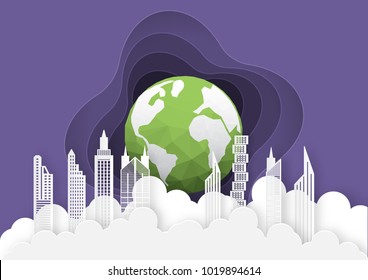 Illustration of eco and world environment day,Paper art trendy craft style.
