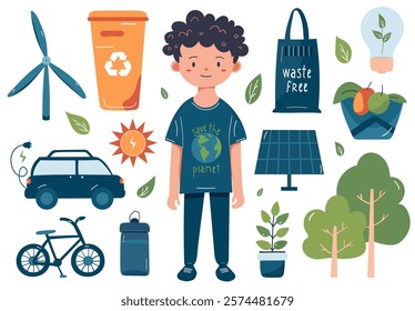 Illustration of an eco-conscious boy with sustainability symbols: recycling bin, solar panel, wind turbine, reusable bag, bike, electric car, plants, and trees. Save the planet concept